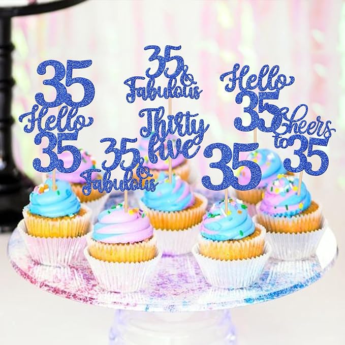 30PCS Happy 35th Birthday Cupcake Toppers Glitter Hello 35 Fabulous Thirty Five Cheers to 35 Years Old Birthday Cupcake Picks for Happy 35th Birthday Anniversary Party Cake Decor Supplies Blue