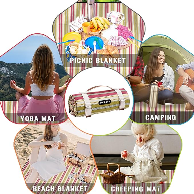 G GOOD GAIN Waterproof Picnic Blanket Portable with Carry Strap for Beach Mat or Family Outdoor Camping Party（Pickle）
