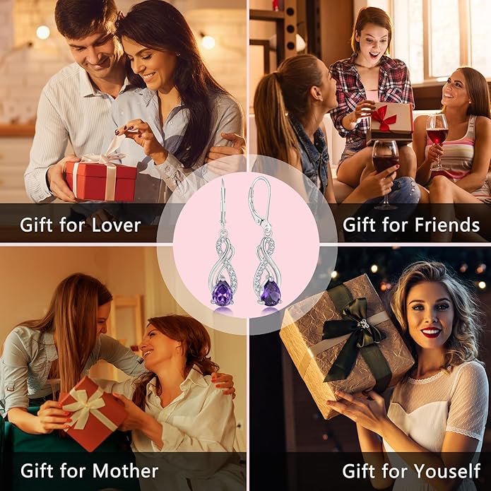 Infinity Love Birthstone Earrings for Women 925 Strling Silver 5A Cubic Zirconia Dangle Drop Leveback Earrings Jewelry Birthday Christmas Day Gifts for Her