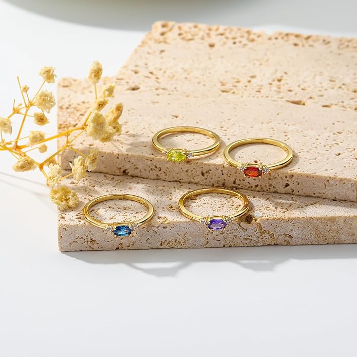14k Gold Plated Birthstone Rings for Women Dainty Stackable Rings Non Tarnish Thumb CZ Emerald Green Gemstone Ring Cute Jewelry Birthday Valentine Gift for Mother Daughter Band Size 6-11