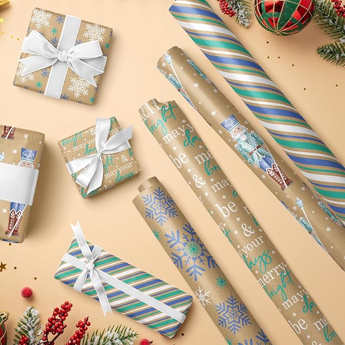 RUSPEPA Christmas Kraft Wrapping Paper - Nutcracker Soldier, Snowflake, Stripe and Text Design - 4 Rolls - 30 inches x 10 feet per Roll