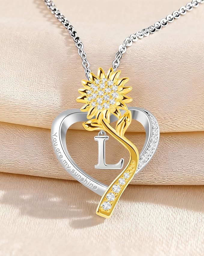 Birthday Gifts for Women Preserved Real Rose with Sunflower Initial Necklace - Birthday Gifts for Women Her Mom Wife on Valentines Mothers Day Christmas Anniversary Romantic with Pendant L