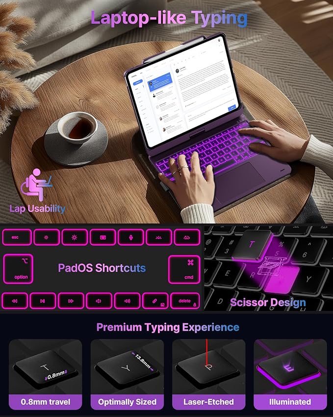 typecase Touch Case with Keyboard for iPad Pro 13-inch(M4, 2024), iPad Air 13-inch(M3, 2025/M2, 2024) & iPad Pro 12.9(6th/5th/4th/3rd Gen), Trackpad, 360° Rotatable, 11-Colors Backlit, Soft Purple