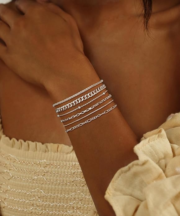 DEARMAY Dainty Silver Plated Bracelets for Women Trendy, Silver Jewelry Set for Women Bracelets for Women Paperclip Box Herringbone Figaro Rope Chain Bracelet Fashion Pack Gifts for Women
