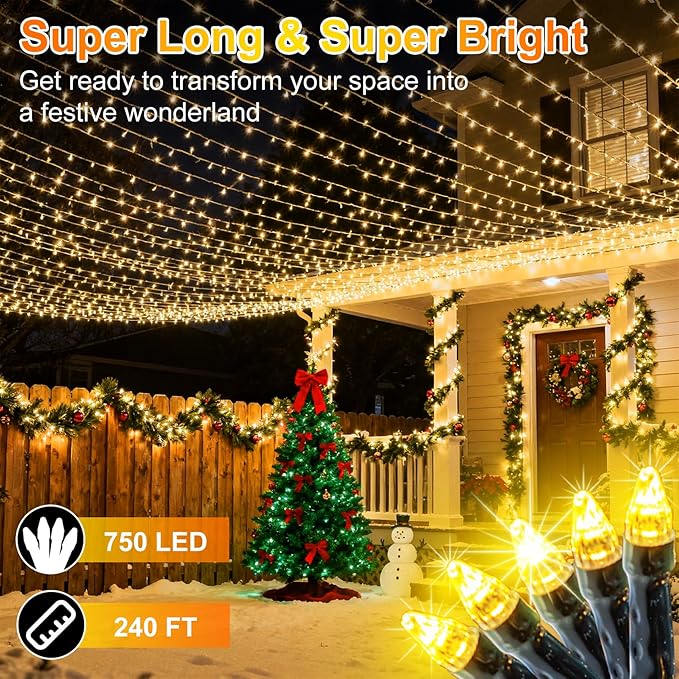750 LED 240FT Christmas String Lights Outdoor, 12 Pro Modes and Timer Memory & Brightness, Plug in Waterproof Dark Green Wire Twinkle Light for for Xmas Yard Tree Wedding Party Decor (Warm White)