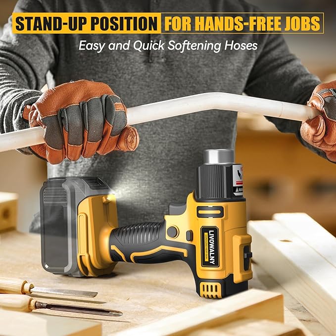 LIVOWALNY Cordless Heat Gun Compatible with Dewalt 20v Battery, 350W Fast Heating Soldering Hot Air Gun 122℉-1022℉ Variable Temperature Control with 5 Nozzles for DIY Craft, Shrink Tubing (No Battery)