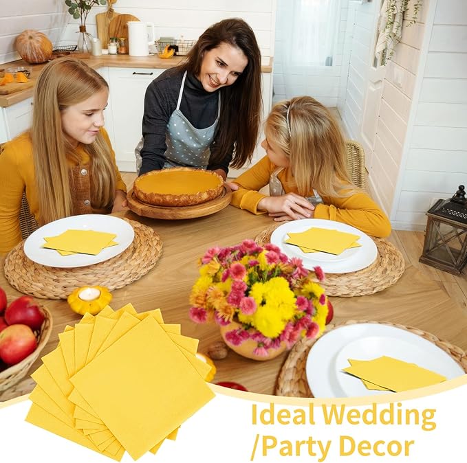 100 Pack Cocktail Napkins, 2-Ply 5x5 Inch Beverage Napkins, Square Edged Disposable Paper Napkins for Wedding, Birthday Party, Dinner, Coffee Bar (Yellow)