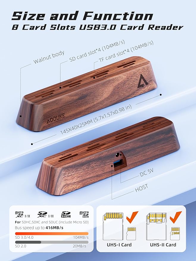 8-Port USB 3.0 SD Card Reader, Walnut Wood Design 5Gbps Data, Simultaneous Support to Micro SD/TF3.0 and SD3.0 Card Read and Write (Compatible UHS-I/II Card)-AST43M