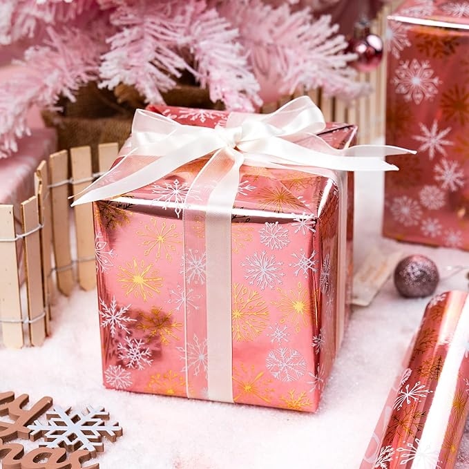 MAYPLUSS Pink Christmas Wrapping Paper Roll - 17IN X 33FT - Christmas Gift Wrapping Paper Featuring Gold and White Snowflake Reversible HO for Kids, Holiday, New Year