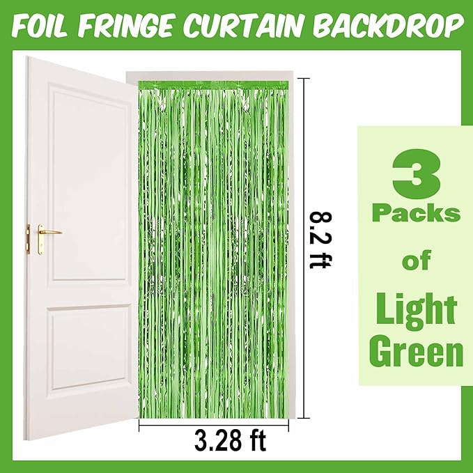 3 Pack Light Green Foil Fringe Curtains Backdrop, 3.28 x 8.2 Ft Metallic Streamers Tinsel Curtains Background for Photo Booth, Birthday, Halloween, Christmas, Thanksgiving, New Year Party Decorations