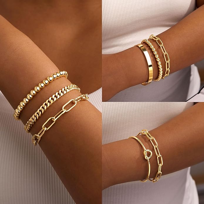 Gold Bracelets Set for Women Non Tarnish, 14K Gold Plated Sterling Silver Chunky Cuff Bracelet Stackable Gold Bangles Bracelet for Women Trendy Fashion Accessories Tie Knot Cuban Rope Paperclip Beaded Bracelet Stack Jewelry Valentines Day Gifts