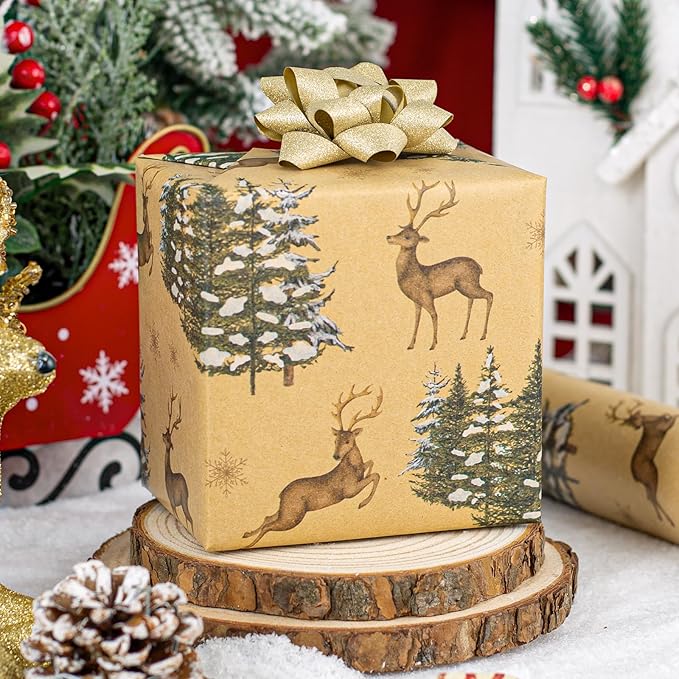 Garbendy Kraft Wrapping Paper Roll - 17 Inch X 32.8 Feet - Reindeer & Christmas Trees Design Printed in Wrapping Paper with Cut Lines on Reverse Perfect for Christmas, Birthday, Baby Shower,Party