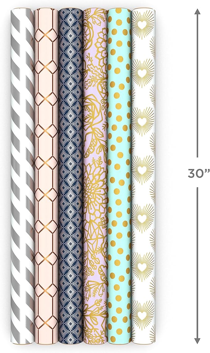Hallmark Wrapping Paper with Cutlines on Reverse (6 Rolls: 180 Sq. Ft. Total) White and Silver Stripes, Mint Green, Gold Hearts and Flowers for Weddings, Bridal Showers, Birthdays