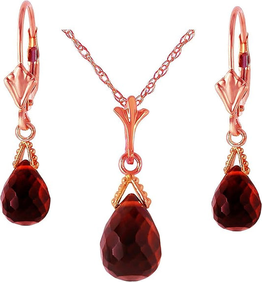 Galaxy Gold GG 14k Solid Gold Jewelry Set: Natural Briolette Garnet Pendant Necklace and Dangle Earrings