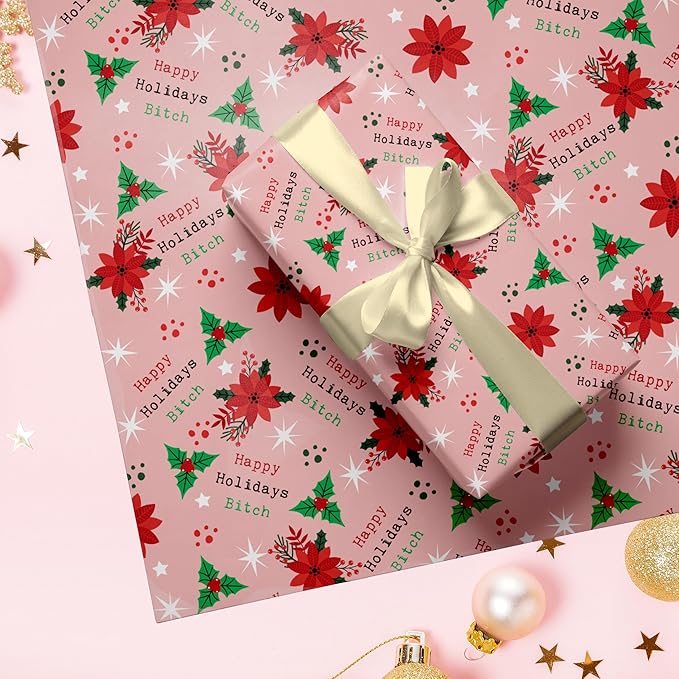 Vnaaem Funny Chrismas Wrapping Paper Roll for Women Aldut - Pink Xmas Floral, Happy Holiday Bixxh Text Rude Xmas Gift Wrap Sheets for Holiday Winter Birthday DIY Craft Party(Total 28.5sq.ft)