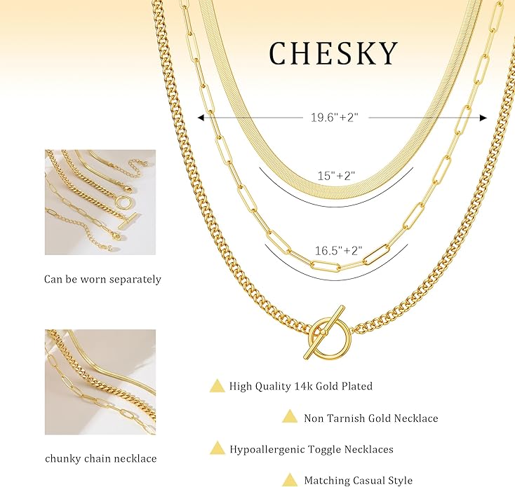 CHESKY Layered Necklaces for Women, 14K Gold Plated Chain Necklace Women Trendy Cuban Link Paperclip Chain Toggle Clasp Necklace Fashion Chunky Jewelry for Women