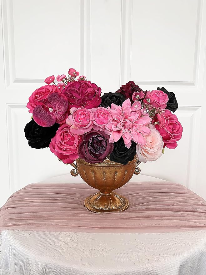 Roses Artificial Flowers Pink Fake Flower Bouquet for DIY Bridal Wedding Shower Decorations Party Table Centerpieces Cake Decorating Silk Floral Arrangement for Home Decor Indoor Fuchsia Black