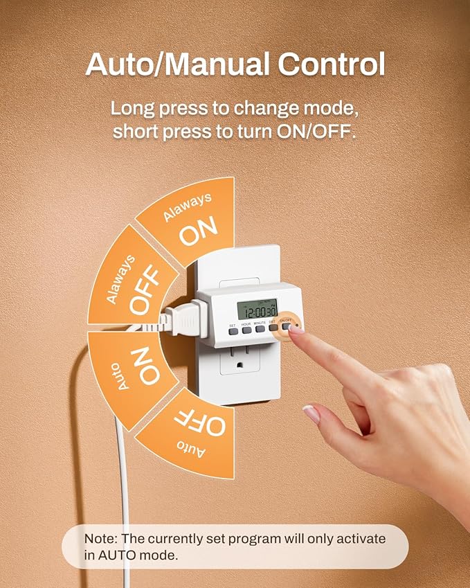 BN-LINK Digital Timer Outlet Indoor,24 Hour Light Timer Easy Programmable,Mini 2 Prong Plug in Timers for Electrical Outlets,Lamps,Fans,2 On/Off Programs,2 Pack,15A/1875W