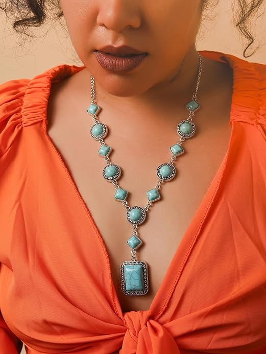 MINACHI Bohemian Created Turquoise Beaded Y-Necklace, Turquoise-toned Multi-shaped Pendant, Dainty Elegant Jewelry for Women