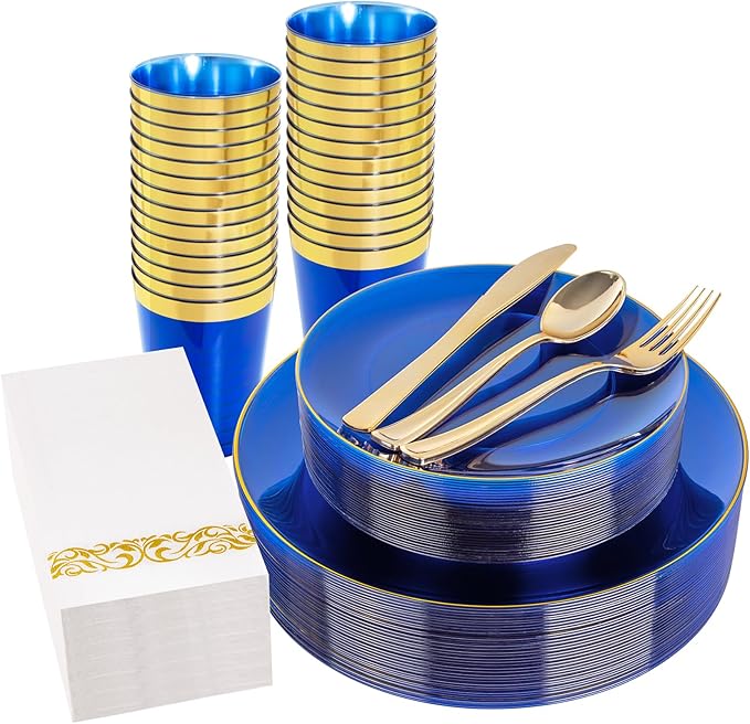 YOUBET 175PCS Clear Blue Plastic Plates - Blue and Gold Disposable Plates Include 50 Plate, 75 Silverware, 25 Cups, 25 Napkins for Wedding & Party