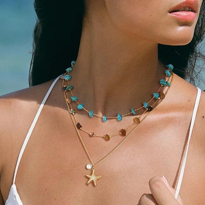 Created Turquoise Necklace for Women 14K Gold Plated Beaded Heart Choker Boho Necklaces Handmade Beach Summer Everyday Western Jewelry Gifts