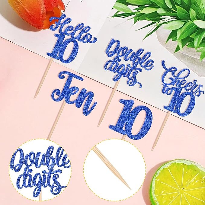 30PCS Happy 10th Birthday Cupcake Toppers Glitter Ten Double Digits Hello 10 Cupcake Picks Cheers to 10 Birthday Decorations for 10th Birthday Anniversary Party Cake Decorations Supplier Blue