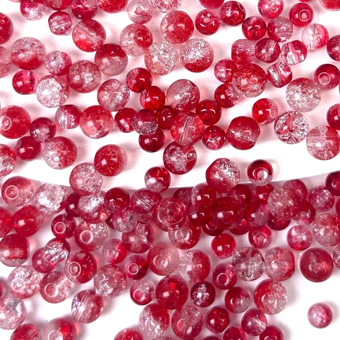 300pcs Crackle Glass Beads, 6mm and 8mm Red Crystal Glass Beads Round Loose Spacer Bulk Beads for DIY Craft Earring Necklace Bracelet Jewelry