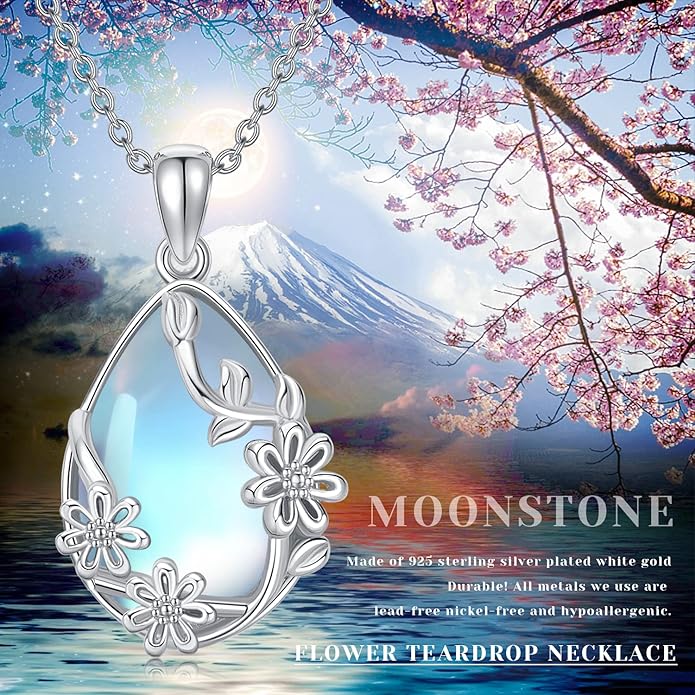 JUSTKIDSTOY Moonstone Necklace 925 Sterling Silver Teardrop Pendant Necklace Jewelry Gifts for Women Girls