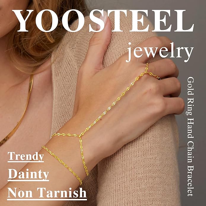 Yoosteel Hand Chain Bracelet for Women - Valentines Gifts Dainty 14K-Gold-Plated Finger Ring Hand Chains Layered Trendy Link Bracelets Jewelry Gift for Women