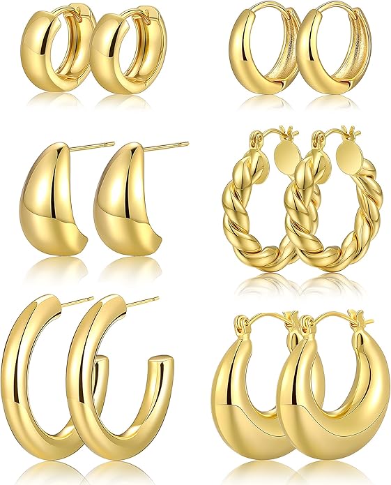 Chunky Gold Hoop Earrings for Women, 14K Gold Plated Lightweight Small Hoop Earrings Pack, Hypoallergenic Open Twisted Huggie Hoops Set Jewelry Gifts