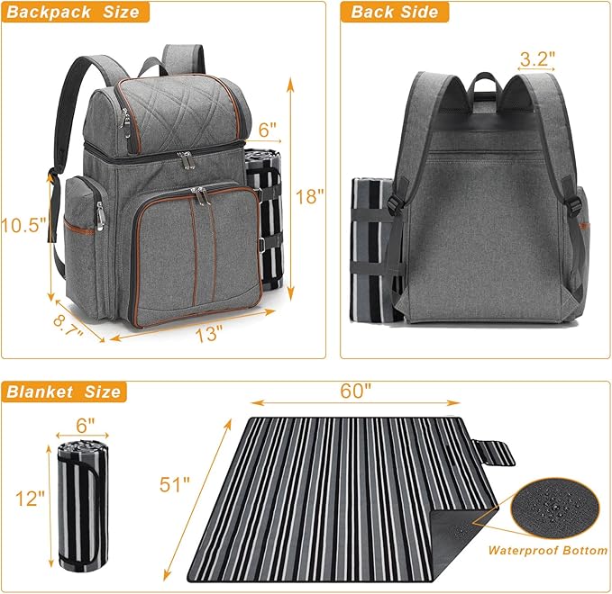 Picnic Backpack for 4, Picnic Basket Set, Leakproof Picnic Bag, Beach Cooler Backpack with Insulated Cooler Wine Pouch,Picnic Blanket, Double Deck Picnic Backpack for Beach,Camping,Park(Grey)