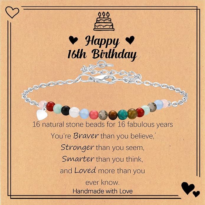 Birthday Gift for 9-16 Year Old, Small Natural Stone Beaded Bracelet Adjustable Heart Charm Bracelet for Daughter Granddaughter Sister Niece Friend on Birthday Graduation with Message Card Gift Box