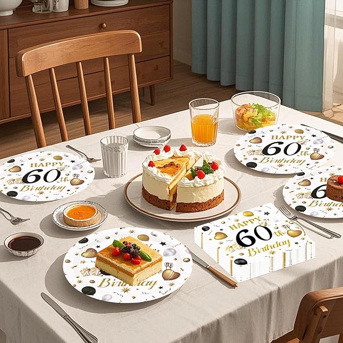 75PCS 60th Birthday Plates and Napkins Party Decorations, 7 Inch White and Gold Happy Birthday Paper Dessert Cake Plates and Napkins Disposable Tableware Set Party Favors for Women Men