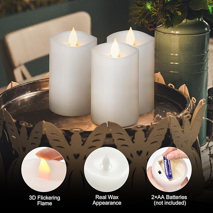3PCS, 3 x 5 inches Flameless Candle with Remote Control, 3D Flickering Wick, Real Wax Pillar LED Candles, Battery Candles,with Timer,for Holiday Home Decor,White