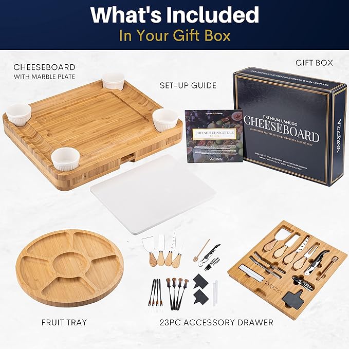 Extra Large Charcuterie Boards Gift Set: Marble Bamboo Cheese Board Set- Unique for Mom, 23 Entertaining Accessories, Wedding Gifts for Couple, House Warming Gifts New Home