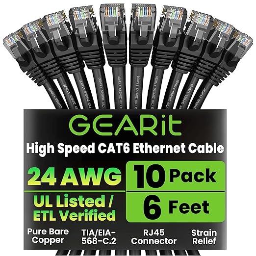 GEARit Cat 6 Ethernet Cable Pack - 10-Pack 6 ft Cat6 Ethernet Patch Cables | RJ45 Network Patch Cable, 10 Gbps Snagless Gold-Plated Connectors - Ethernet Cable Cat 6 for PC, TV, Router - Black