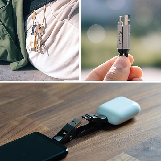Rolling Square inCharge 6 - Keychain USB C Charger Cable, Lightning Cable and Micro-USB for Smartphone, Universal Cable Charger 6 in 1, USB Plug, 15W, Gold
