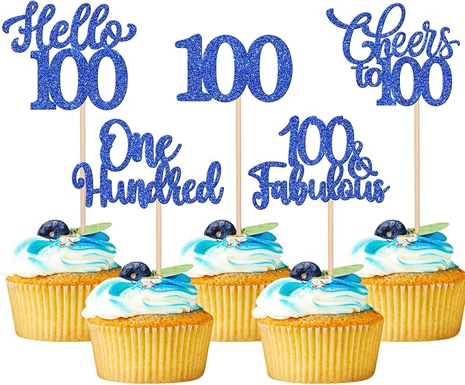 30PCS Happy 100th Birthday Cupcake Toppers One Hundred Cheers to 100 Years Birthday Cupcake Picks Hello 100 Fabulous Cake Decorations for Happy 100th Birthday Anniversary Party Supplies Blue