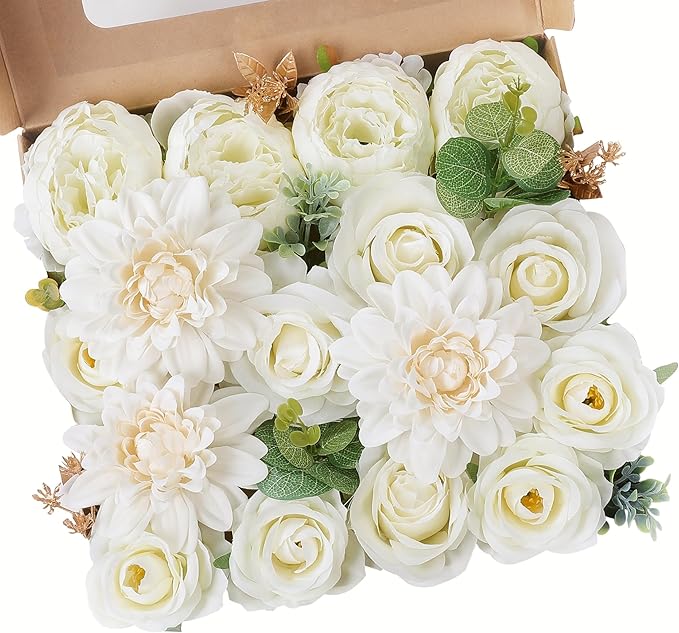 AGIRL Artificial Flowers Combo Fake Flowers Rose Silk Flowers with Stems for DIY Wedding Bouquets Centerpieces Arrangements Table Decor Bridal Baby Shower Party Home Decor (Cream White)