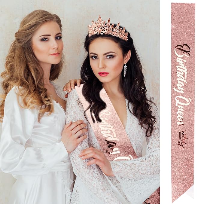 VELSCRUN Birthday Queen Tiara Crowns for Women Girls Rose Gold Crystal Birthday Queen Headband Sash Elegant Princess Crown Happy Birth Party Decorations Mom Sisters Birth Gift Hair Accessories