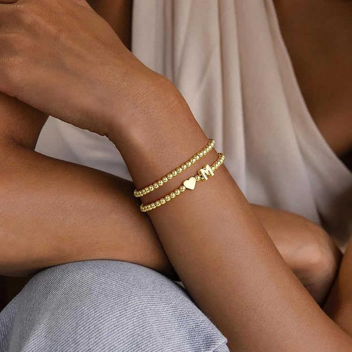 Ursteel Valentines Day Gifts for Her Women - Dainty 14K Gold Plated Beaded Bracelets for Women Trendy Letter A-Z Heart Jewelry Personalized Gifts