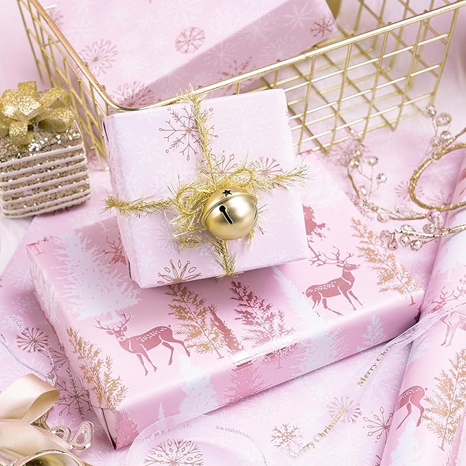 RUSPEPA 30" X 100' Reversible Christmas Wrapping Paper Large Paper Roll, Jumbo Roll, Rose Gold Foil Pink Reindeer and Tree Design, Snowflakes Gift Wrap for Girls, Women, Friends, Xmas Holiday Gifts