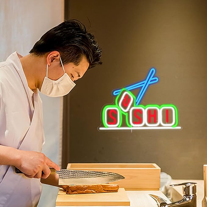 Sushi Neon Sign for Business Decor Delicious Sushi Neon Light Dimmable Japanese Food Light Up Sign for Restaurant Food Shop Storefront Window Store Kitchen (16.5 * 12.5 In)
