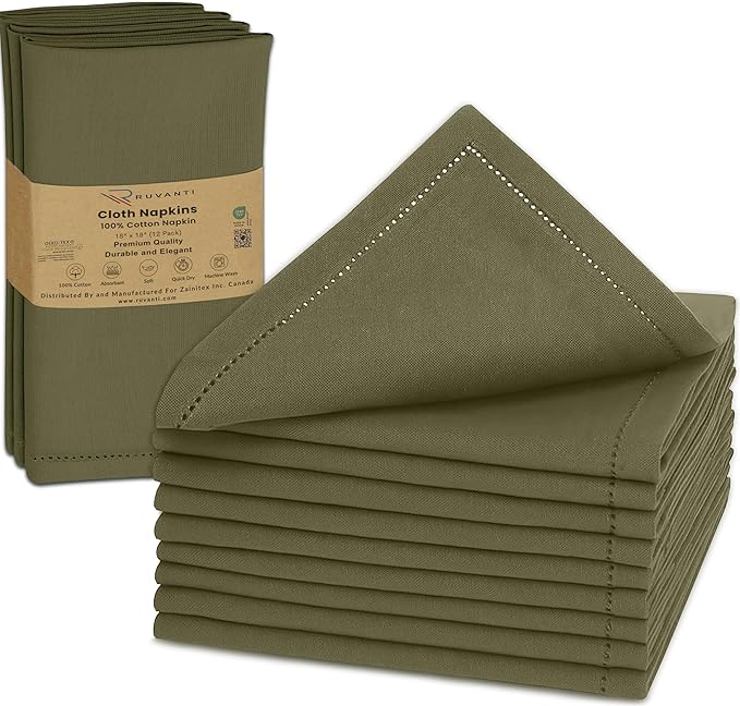 Ruvanti Cloth Napkins - 100% Cotton Dinner Napkins, Hem Stitched Corners, 18x18 Inch, 12 Pack - Soft, Absorbent, Durable, Reusable, Wrinkle Resistant for Formal Dining & Everyday Use - Capulet Olive