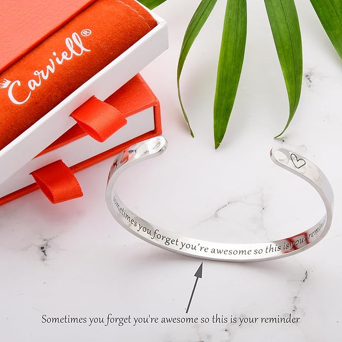 Carviell Engraved Cuff Bracelets for Women – Inspirational, Friendship, Love, Mom, Daughter, Sister, Christian, Graduation, Memorial & Wedding Gifts – 80+ Phrases – Stainless Steel, Gift-Ready