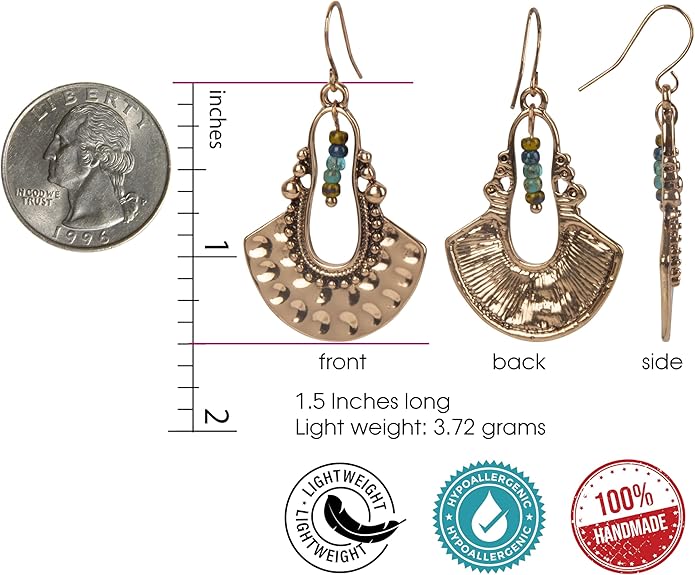 SPUNKYsoul Boho Dangle Earrings for Women – Lightweight Tribal Fan Paddle Design with Hieroglyphic Accents – Unique Handmade Gift Idea for Her