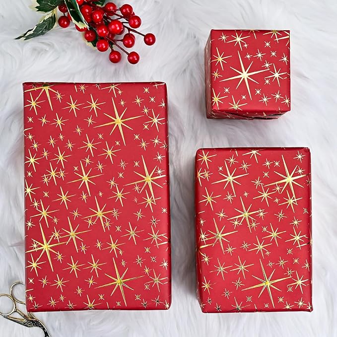 Garbendy Red Christams Wrapping Paper Roll - 17 Inch X 32.8 Feet - Embossing 3D with Gold Foil Star Design for Christmas, Birthday, Wedding, Baby Shower, Bridal Shower, Party