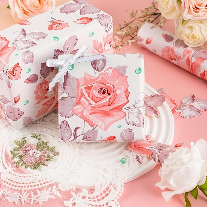 MAYPLUSS Flower Gift Wrapping Paper Roll - 17Inch x 33Feet - Luxury Elegant Floral with Gold Pattern Girl Gift Wrap Present Sheet for Wedding, Bridal Shower, Birthday, Engagement and Mother's Day