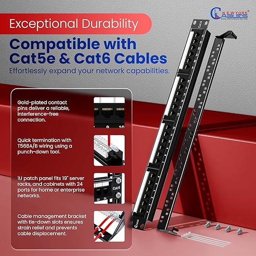 NewYork Cables 24 Port Cat6 Patch Panel – 10Gb Ethernet, 1U Rackmount 19-Inch, T568A/B Color-Coded Labels, Unshielded, 110/Krone Compatible, Black