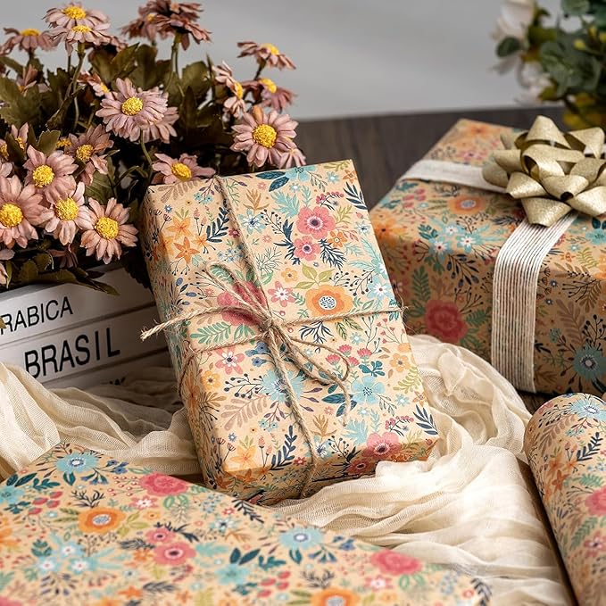 MAYPLUSS Colorful Floral Kraft Wrapping Paper Roll - 17Inch x 16.5Feet - Garden Boho Flower Gift Wrap Paper Spring Summer Blooms Sheet for Wedding, Bridal Shower, Birthday and Engagement